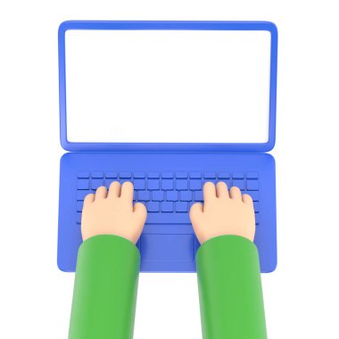 Çizgi film Jest Simgesi Mockup.Eller masada boş monitörle dizüstü bilgisayarda çalışıyor. Beyaz arkaplanda 33D tasvir edilen Home.3d Illustrasyon 3D 'de çalışma yeri.