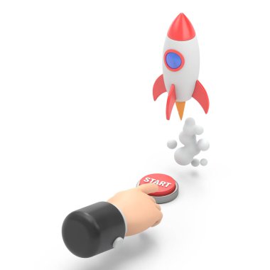 Çizgi film Jest Simgesi Mockup.Üç insan el ele tutuşuyor, iş ve eğitim takım çalışması kavramı beyaz arka planda 3D canlandırması.