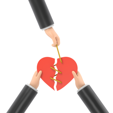 Uzlaşma kavramı. Aşk tanrısı çifti barışır, kırık bir kalbi birbirine bağlar. Aşkı geri kazan. Soyut çizim düz tasarım. Kırık kalp ellerinde erkek ve kadın 3D tasarımı..