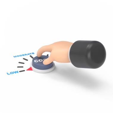 Şeffaf arkaplan modeli. Düz 3D izometrik iş adamı el ile arama maliyetini düşük konuma çevirin. Maliyet azaltma yönetimi kavramı. PNG dosyalarını şeffaf arkaplanlara aktarır.