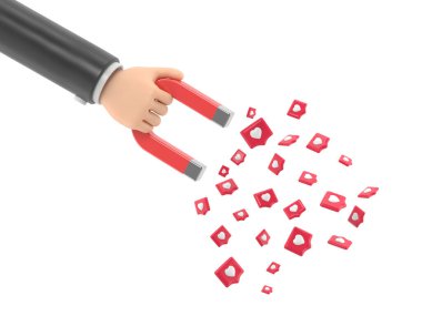 İğne kalpli insan eli mıknatısı. Seyirci çekme kavramı. SMM metaforu, takipçi kavramını ortaya koyuyor. Beyaz arkaplanda 3D yorumlama.