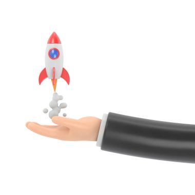 Mavi arka planda fırlatılan roket ikonunu tutan karikatür el. İş ürünlerini piyasaya sürün. Beyaz arkaplanda 3D başlangıç konsepti.
