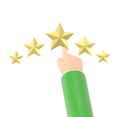 Beğeni simgesi. Yıldız 3D çizim düz tasarım. Geri bildirim konsepti. Değerlendirme sistemi. Pozitif eleştiri. Kaliteli iş. Erkeğin parmağı beyaz arkaplandaki 3D yıldız görüntüsünü gösterir.