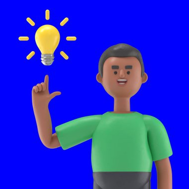 Yakışıklı afro adam David 'in yeni fikirler üreten ampulü işaret ettiği 3 boyutlu bir illüstrasyon. Mavi Ekran Mockup.3D görüntüleme ve kırpma yolu için Mavi Ekran.