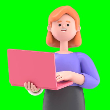 Avrupalı iş kadını Ellen 'ın elinde dizüstü bilgisayar tutarken 3D görüntüsü. Yeşil Ekran Mockup.3D görüntüleme ve kırpma yolu için Yeşil Ekran.