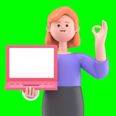 Avrupalı iş kadını Ellen 'ın 3 boyutlu resmi. Ekran bilgisayarında iş çizelgeleri gösteriyor. Yeşil Ekran Mockup3D görüntüleme ve kırpma yolu için Yeşil Ekran.