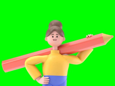 Asyalı kadın Angela 'nın elinde büyük bir kalem tutarken üç boyutlu resmi. Yeşil Ekran Mockup.3D görüntüleme ve kırpma yolu için Yeşil Ekran.