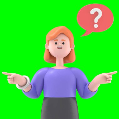 Avrupalı iş kadını Ellen 'ın üç boyutlu resmi, iki yol arasında seçim yapıyor, Green Screen' de görüntüler ve kırpma yolu için diğer 3D ekranı işaret ediyor..