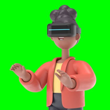 Sanal gerçeklikteki Afro-Amerikan kadın Coco 'nun gelecekteki teknolojiyle oynadığı 3 boyutlu bir resim. Yeşil Ekran Mockup.3D görüntüleme ve kırpma yolu için Yeşil Ekran.