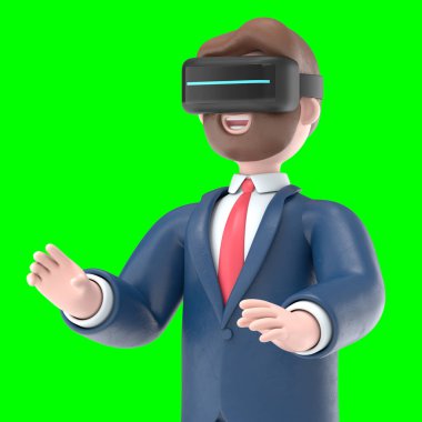 Sanal gerçeklikteki sakallı Amerikalı iş adamı Bob 'un gelecekteki teknolojiyle oynadığı üç boyutlu bir çizim. Yeşil Ekran Mockup.3D görüntüleme ve kırpma yolu için Yeşil Ekran.