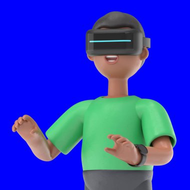 Sanal gerçeklikteki yakışıklı afro adam David 'in gelecekteki teknolojiyle oynadığı 3 boyutlu bir resim. Mavi Ekran Mockup.3D görüntüleme ve kırpma yolu için Mavi Ekran.
