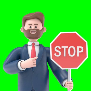 Sakallı Amerikalı işadamı Bob 'un dur işaretine işaret ettiği 3D görüntü, Yeşil Ekran Mockup3D görüntüleme ve kırpma yolu.
