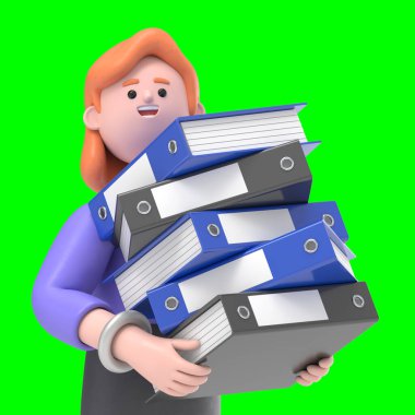 Avrupalı iş kadını Ellen 'ın 3D çizimi bir sürü dosya ile çok çalıştı, Yeşil Ekran Mockup3D görüntüleme ve kırpma yolu için Yeşil Ekran.