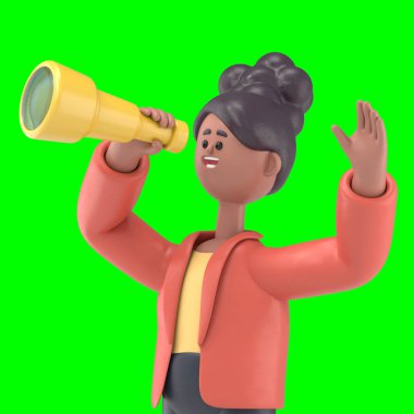 Afrikalı Amerikalı kadın Coco 'nun 3 boyutlu çizimi teleskoptan evrene Dünya 3D' de görüntüleme ve kırpma yolu için Yeşil Ekran 'a bakıyor..