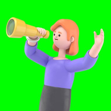 Avrupalı iş kadını Ellen 'ın 3D görüntüsü Dünya 3D' de teleskoptan evrene bakıyor ve çekim için Yeşil Ekran 'a yansıyor..