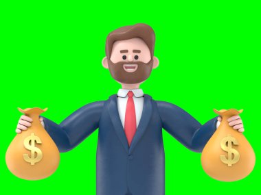 Sakallı Amerikalı iş adamı Bob 'un 3 boyutlu resmi. Kollarında duruyor ve sarılıyor. Büyük para paketi 3D..