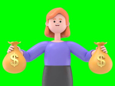 Avrupalı iş kadını Ellen 'ın kollarında dikildiği ve sarıldığı 3 boyutlu bir resim. Büyük para paketi 3D paketlenmiş. Çekimler ve kırpma yolu için Yeşil Ekran' da..