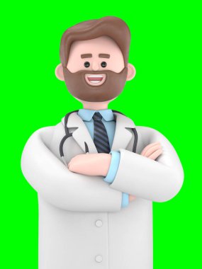 Erkek Doktor Iverson 'ın kolları çaprazlanmış portresini kapatın. Yeşil Ekran Mockup3D görüntüleme ve kırpma yolu için Yeşil Ekran' a yansıtılıyor..