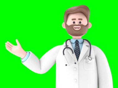 Erkek Doktor Iverson 'ın büyük fonlu 3 boyutlu resmi. Çizgi film karakterlerinin portreleri ekranı işaret eden adam, mavi arka planda izole edilmiş tıbbi sunum klipsi.