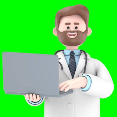 Doktor Iverson 'ın dizüstü bilgisayarı tutarken çekilmiş 3 boyutlu bir resmi. Yeşil Ekran Mockup.3D görüntüleme ve kırpma yolu için Yeşil Ekran.