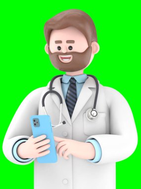 Erkek Doktor Iverson 'ın elinde akıllı telefon ve simgeler tutarken üç boyutlu görüntüsü. Yeşil Ekran Mockup.3D görüntüleme ve kırpma yolu görüntüsü için görüntüleniyor..