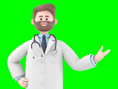 Erkek Doktor Iverson 'un piyasa eğilimlerini analiz ettiği 3 boyutlu illüstrasyon, Yeşil Ekran Mockup3D görüntüleme ve kırpma yolu için Yeşil Ekran.