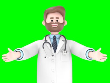 Doktor Iverson 'ın elinde bir tahta tutarken 3 boyutlu resmi. Yeşil Ekran Mockup3D görüntüleme ve kırpma yolu için Yeşil Ekran.