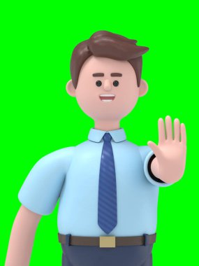 3D resimde gülümseyen Asyalı Felix, elini uzatmış, dur işareti veriyor, 3D görüntüyü Yeşil Ekran 'a yansıtmanı engelliyor ve yolu kırpıyor..