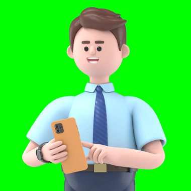 3D resimde gülümseyen Asyalı Felix elinde akıllı telefon ve ikonlar tutuyordu. Çizgi film el ile akıllı telefonun şablonu. Mobil aygıt kavramı 3D görüntüleme ve kırpma yolu için Yeşil Ekran.