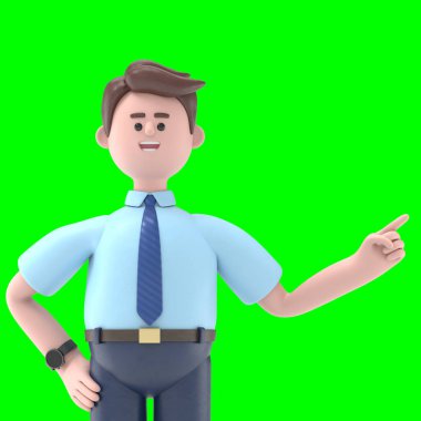 3D resimde gülümseyen Asyalı Felix piyasa eğilimlerini analiz ediyor ve seo optimizasyonunu planlıyor, 3D görüntüleme ve kırpma yolu için Yeşil Ekran 'da.