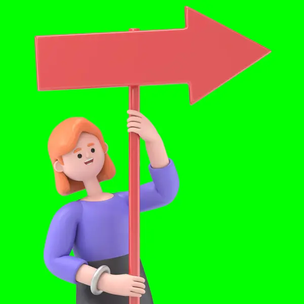 Avrupalı iş kadını Ellen 'ın 3 boyutlu resmi boş bir ok işaretine ya da Yeşil Ekran' da görüntüleme ve kırpma yolu için 3D işaretine eğiliyor.