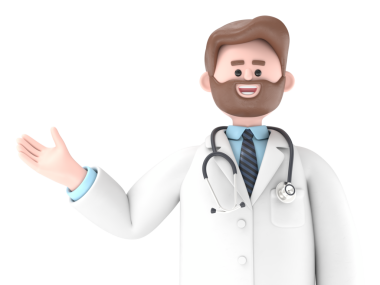 Erkek Doktor Iverson 'ın büyük fonlu 3 boyutlu resmi. Çizgi film karakterlerinin portreleri ekranı işaret eden adam, mavi arka planda izole edilmiş tıbbi sunum klipsi.