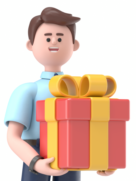 3D resimde gülümseyen Asyalı Felix hediye kutusuyla görülüyor. Kırmızı Etiket. Şeffaf Arkaplan Mockup.PNG dosyalarını şeffaf arkaplan ile gönderir.