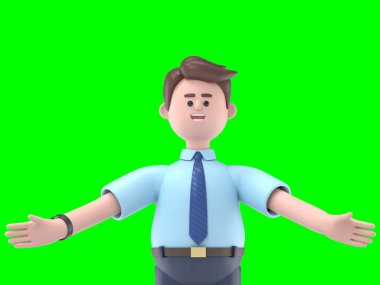 3D resimde gülümseyen Asyalı Felix tahta tutuyor. Yeşil Ekran Mockup3D görüntüleme ve kırpma yolu için Yeşil Ekran.