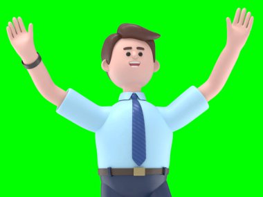 3D resimde gülümseyen Asyalı Felix süperstardır. Yeşil Ekran Mockup.3D görüntüleme ve kırpma yolu için Yeşil Ekran.