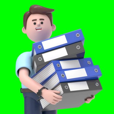 3D resimde gülümseyen Asyalı Felix bir sürü dosya, Yeşil Ekran Mockup3D görüntüleme ve kırpma yolu için yeşil ekran üzerinde çok çalıştı.