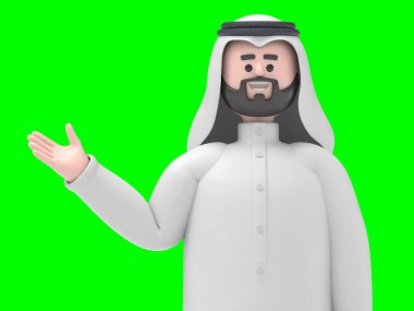Üç boyutlu resimde gülümseyen bir Arap Hadi 'nin parmakla ekranı göstermesi, Yeşil Ekran Mockup3D görüntüleme ve kırpma yolu için Yeşil Ekran.