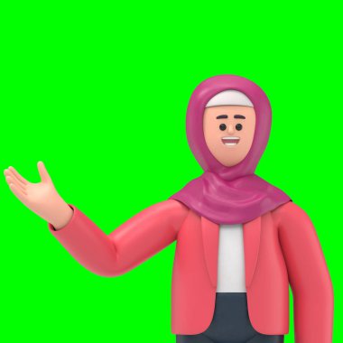 Gülümseyen Arap kadın Ghaliyah 'ın üç boyutlu resmi ekranı gösteriyor, Yeşil Ekran Mockup3D görüntüleme ve kesme yolu için Yeşil Ekran.