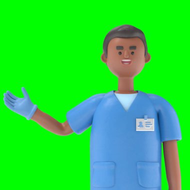 Erkek Doktor King 'in 3 boyutlu resmi ekranı işaret ediyor, Yeşil Ekran Mockup3D görüntüleme ve kırpma yolu için Yeşil Ekran.
