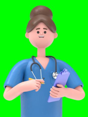 Akıllı telefon ve sohbete bakan Doktor Mary 'nin 3 boyutlu resmi. Yeşil Ekran Mockup.3D görüntüleme ve kırpma yolu için Yeşil Ekran.