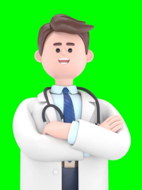 3 boyutlu erkek doktor Lincoln 'un kolları çapraz. Yeşil Ekran Mockup3D görüntüsü Yeşil Ekran' da görüntüleme ve kırpma yolu için gösteriliyor..