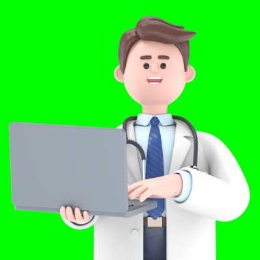 Doktor Lincoln 'ün dizüstü bilgisayarı tutarken çekilmiş 3 boyutlu bir resmi. Yeşil Ekran Mockup.3D görüntüleme ve kırpma yolu için Yeşil Ekran.