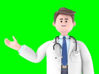 Erkek Doktor Lincoln 'ün büyük telefonlu 3D çizimi. Çizgi film karakterlerinin portreleri ekranı işaret eden adam, mavi arkaplanda izole edilmiş tıbbi sunum klipsi.