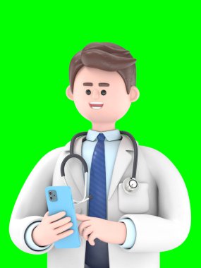 Erkek Doktor Lincoln 'ün elinde akıllı telefon ve simgeler tutarken üç boyutlu resmi. Yeşil Ekran Mockup3D görüntüleme ve kırpma yolu için Yeşil Ekran' a yansıtılıyor..