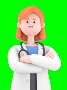 3 boyutlu Doktor Nova 'nın kolları çaprazlanmış hali. Yeşil Ekran Mockup3D görüntüleme ve kırpma yolu için Yeşil Ekran.