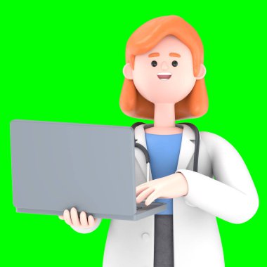Dişi Doktor Nova 'nın dizüstü bilgisayarı tutarken üç boyutlu resmi. Yeşil Ekran Mockup.3D görüntüleme ve kırpma yolu için Yeşil Ekran.