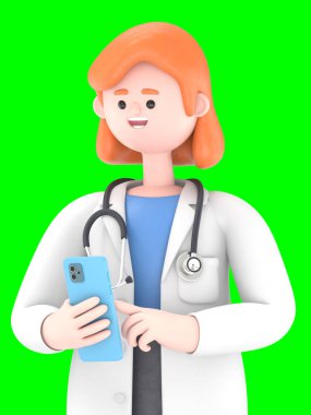 Kadın Doktor Nova 'nın elinde akıllı telefon ve simgeler tutarken üç boyutlu bir çizimi. Yeşil Ekran Mockup.3D görüntüleme ve kırpma yolu görüntüleme için görüntüleniyor..