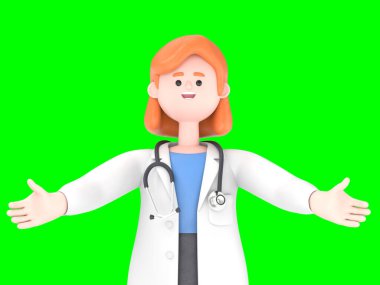 Dişi Doktor Nova 'nın elinde bir tahta tutarken üç boyutlu görüntüsü. Yeşil Ekran Mockup3D görüntüleme ve kırpma yolu için Yeşil Ekran' da.
