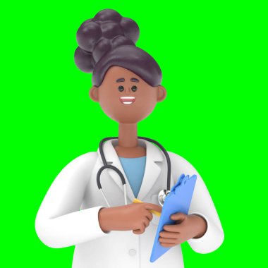 Doktor Iverson 'ın 3 boyutlu resmi mavi bir dosya tutuyor. Profesyonel beyaz erkek özel 3D görüntüleme ve kırpma yolu için Yeşil Ekran 'da.