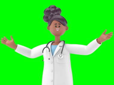 Erkek Doktor Iverson 'ın 3 boyutlu resmi davetkar bir jest gösteriyor. Mutlu beyaz erkek uzman 3D görüntüleme ve kırpma yolu için Yeşil Ekran 'da..